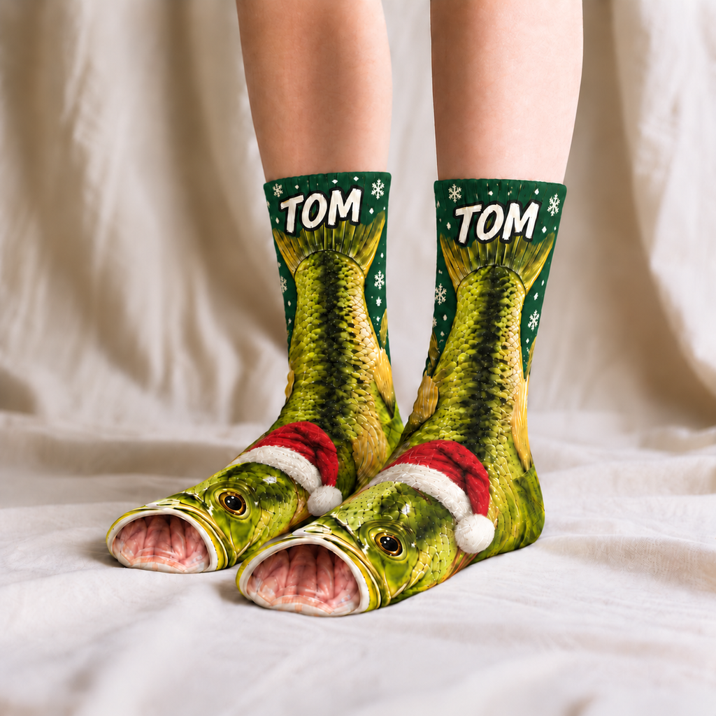 Personalized Name Largemouth Bass Fishing Middle Tube Socks for Men & Women - Christmas Gift for Fishing Lovers