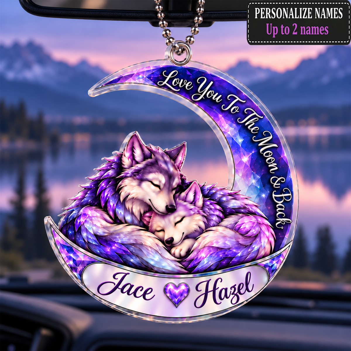 Personalized Names Love You to the Moon & Back Purple Crystal Wolf Couple Ornament – Anniversary Gift