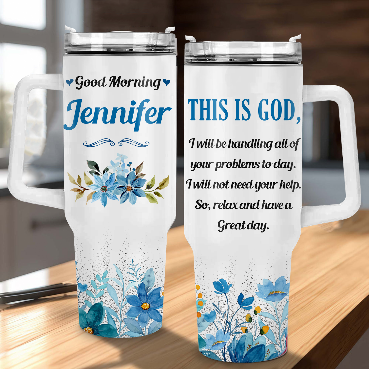 Good Morning This is God - 40 Oz Tumbler With Handle - Personalized Stainless Steel Tumbler