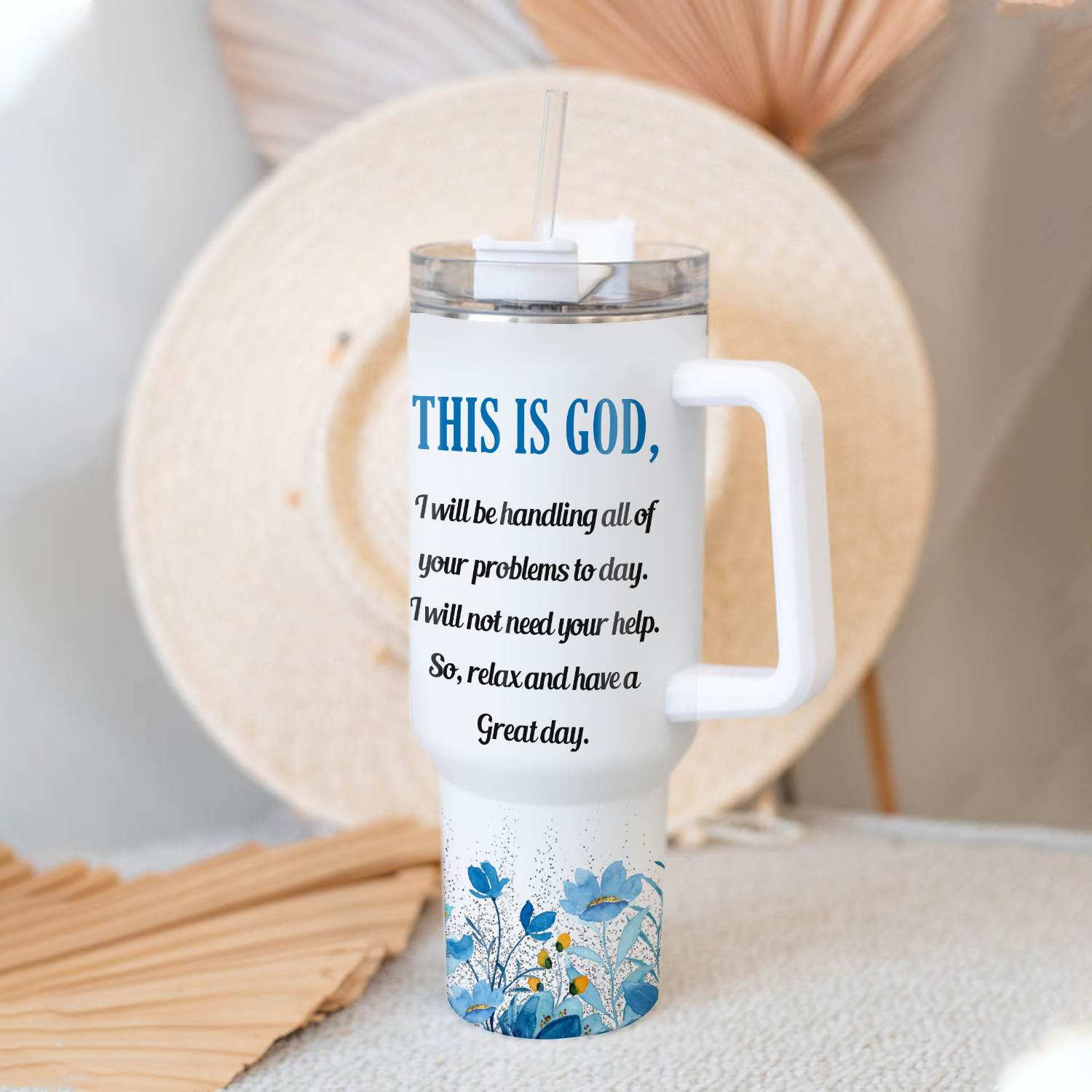 Good Morning This is God - 40 Oz Tumbler With Handle - Personalized Stainless Steel Tumbler