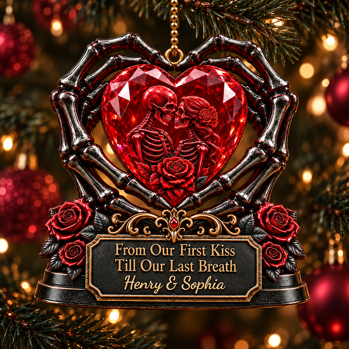 3D Raised Personalized From Our First Kiss Gothic Skeleton Couple Ornament - Anniversary Gifts
