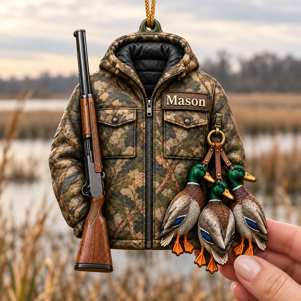 3D Raised Personalized Name Ornament - Mallard Ducks and Camo Jacket Ornament - Gift for Waterfowl Hunting Lovers