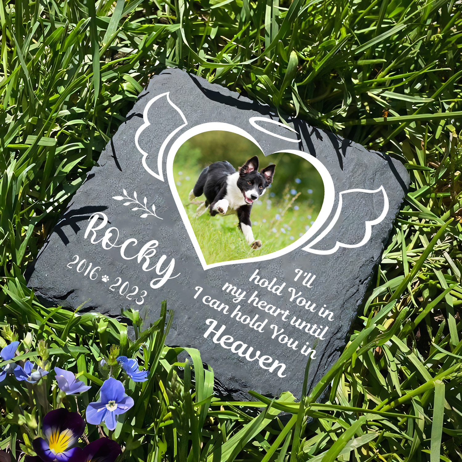 Heart Wings Pet Photo I'll Hold You In My Heart Custom Dog Memorial Stone, Pet Memorial Gifts - Personalized Custom Memorial Tombstone