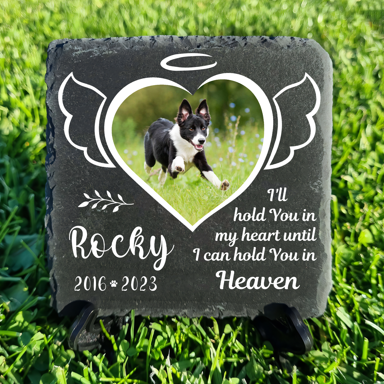 Heart Wings Pet Photo I'll Hold You In My Heart Custom Dog Memorial Stone, Pet Memorial Gifts - Personalized Custom Memorial Tombstone