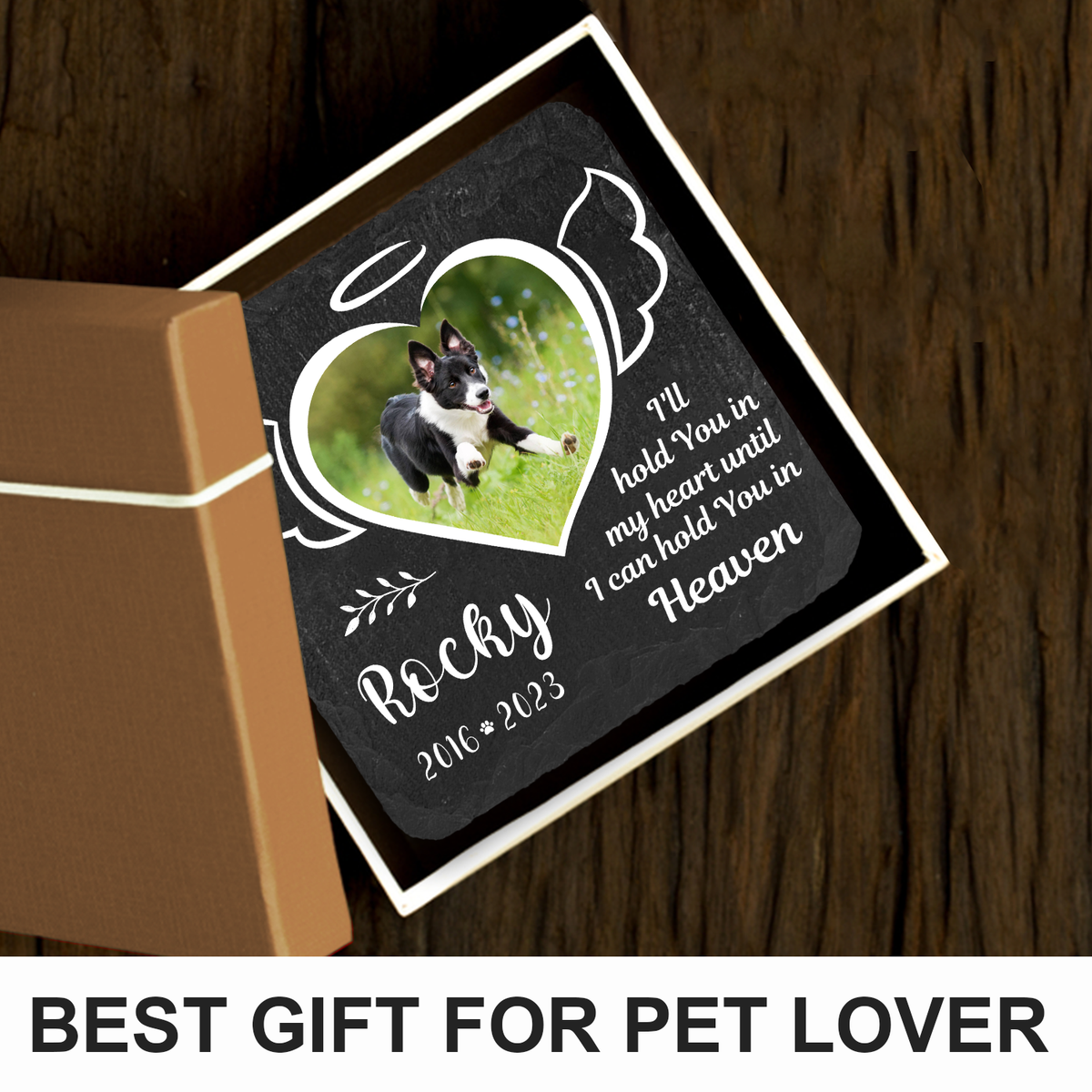 Heart Wings Pet Photo I'll Hold You In My Heart Custom Dog Memorial Stone, Pet Memorial Gifts - Personalized Custom Memorial Tombstone