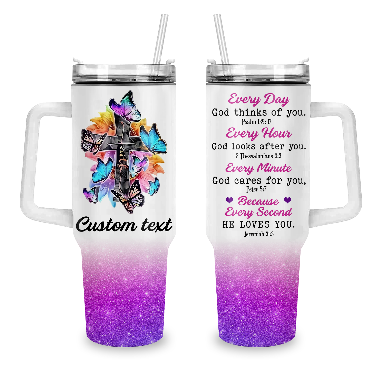 Colorful Butterfly Cross Inspirational Christian 40 Oz Tumbler With Handle - Personalized Stainless Steel Tumbler