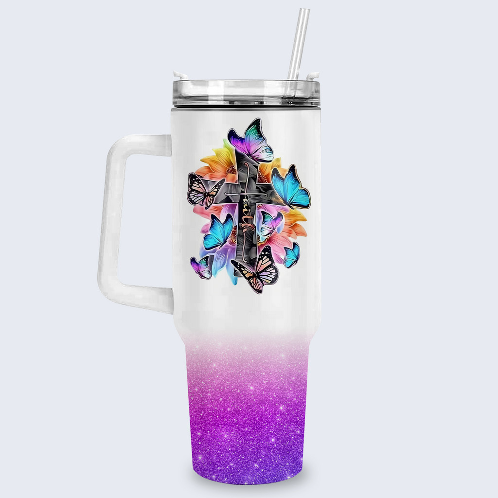 Colorful Butterfly Cross Inspirational Christian 40 Oz Tumbler With Handle - Personalized Stainless Steel Tumbler