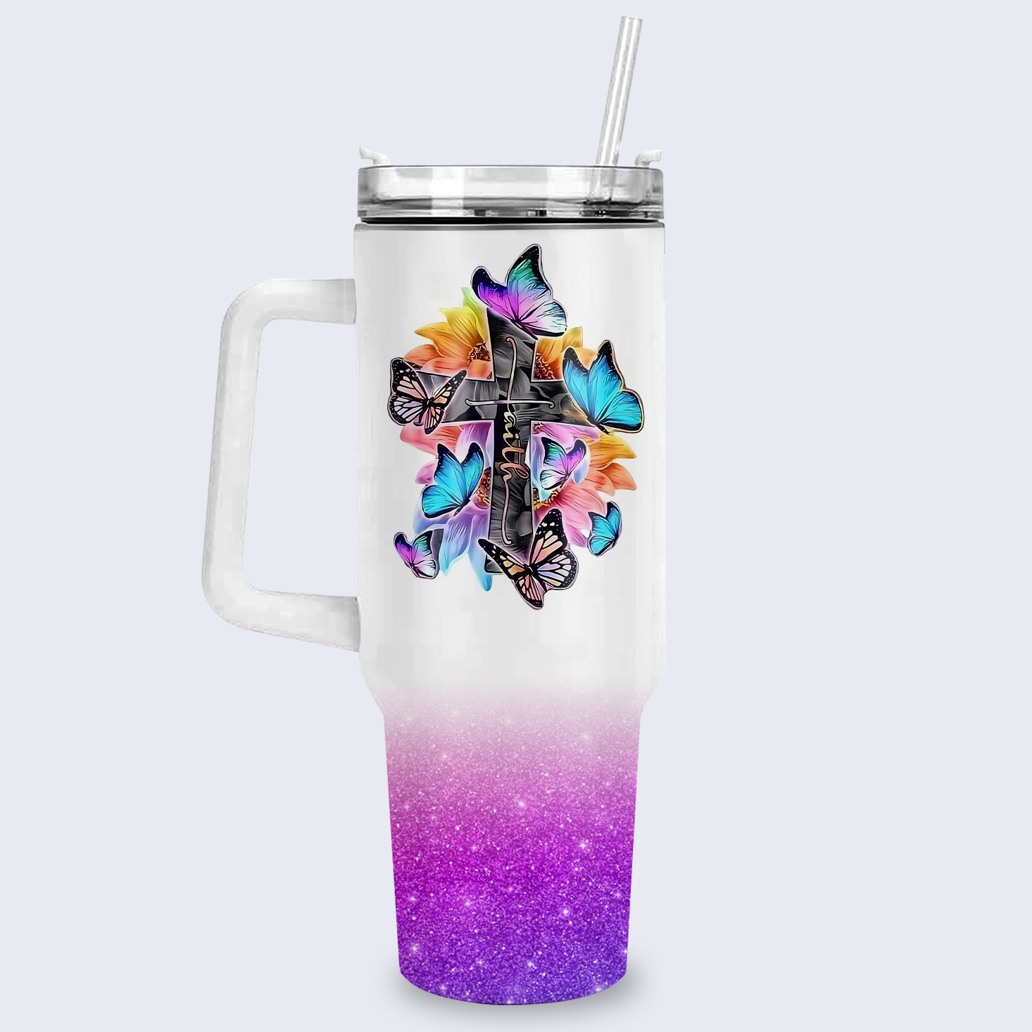 Colorful Butterfly Cross Inspirational Christian 40 Oz Tumbler With Handle - Personalized Stainless Steel Tumbler