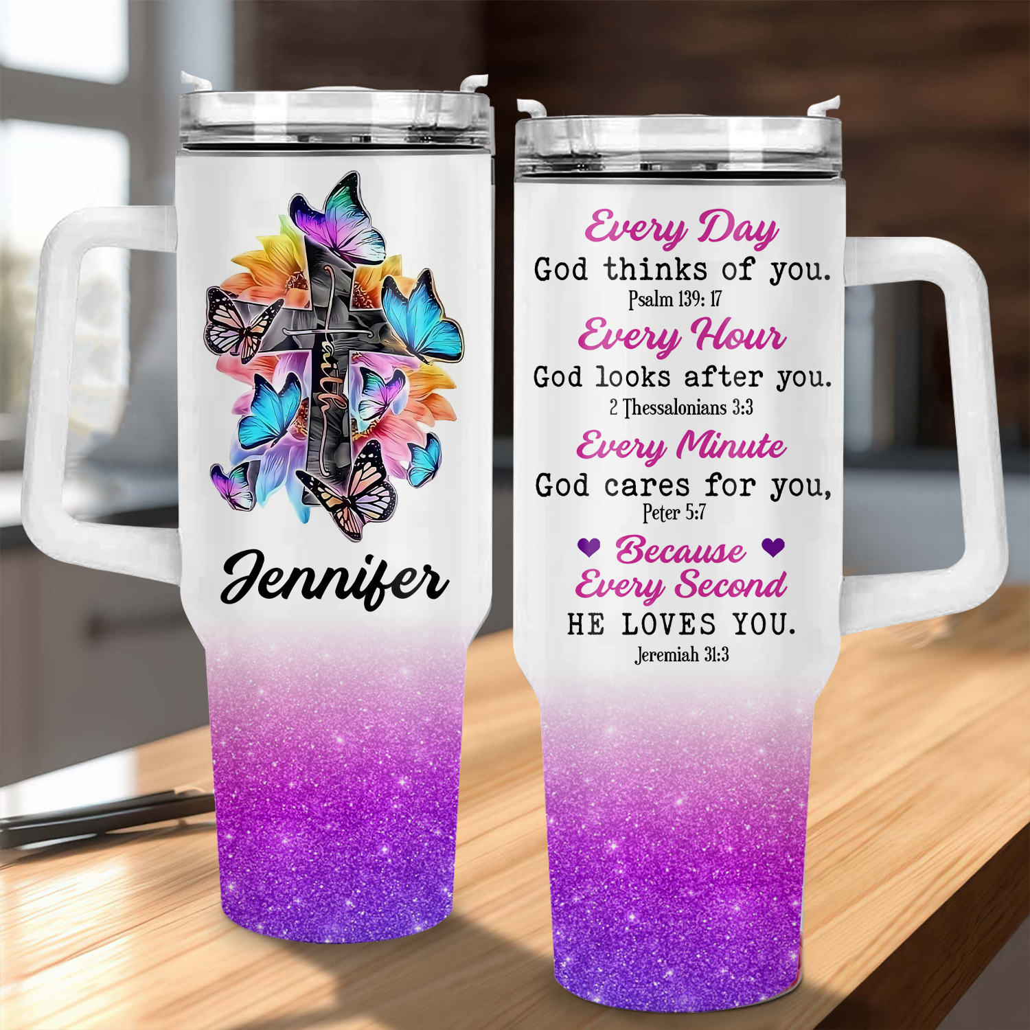 Colorful Butterfly Cross Inspirational Christian 40 Oz Tumbler With Handle - Personalized Stainless Steel Tumbler