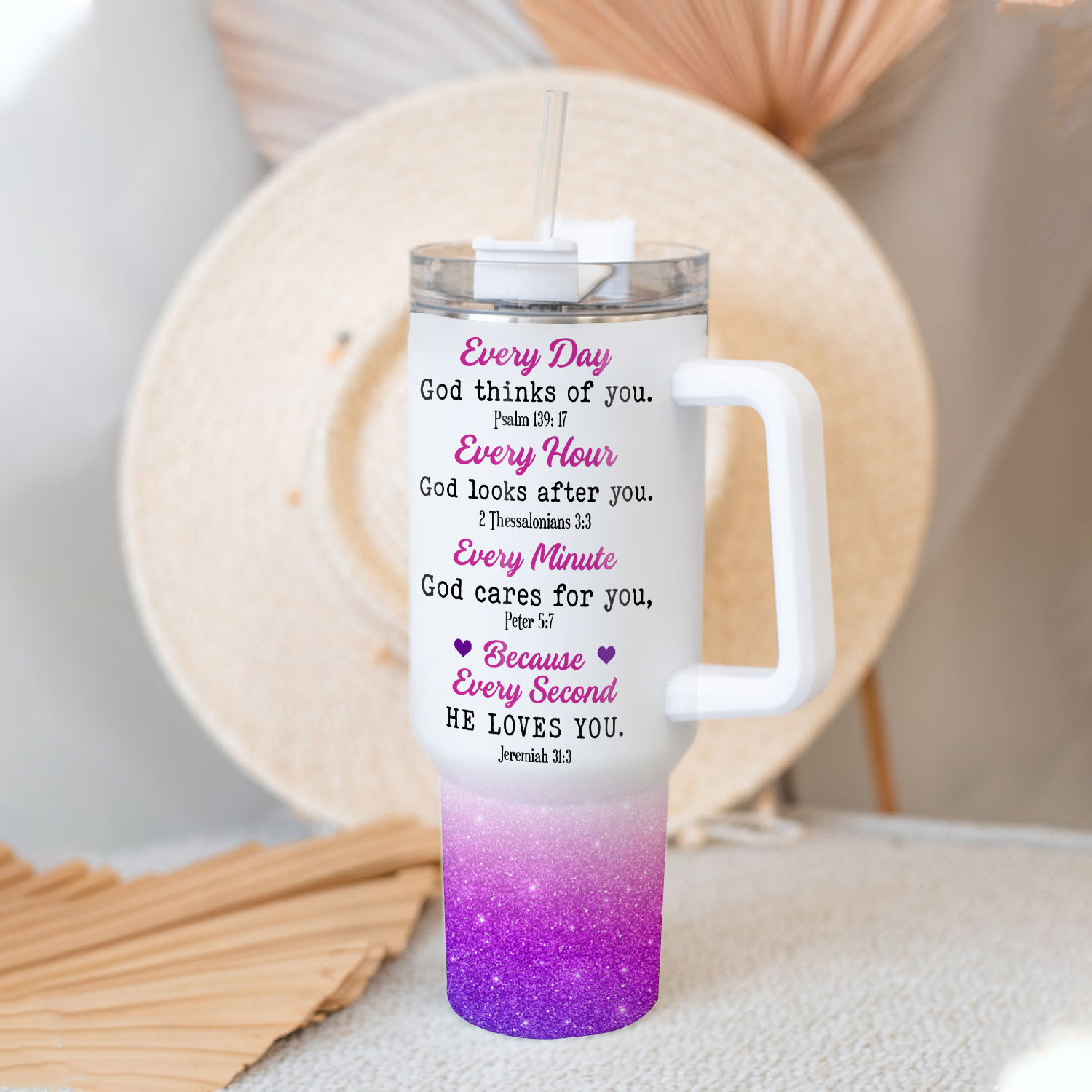 Colorful Butterfly Cross Inspirational Christian 40 Oz Tumbler With Handle - Personalized Stainless Steel Tumbler
