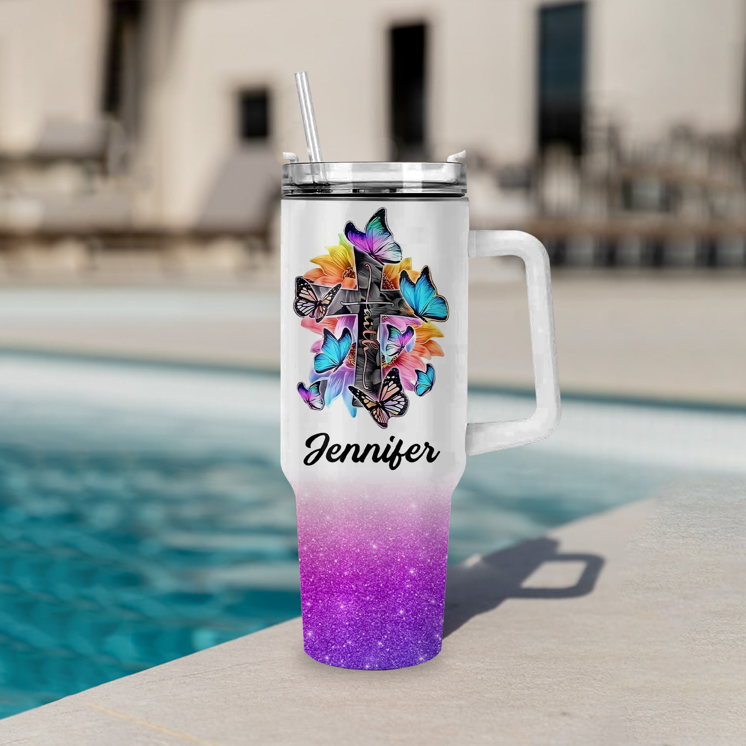 Colorful Butterfly Cross Inspirational Christian 40 Oz Tumbler With Handle - Personalized Stainless Steel Tumbler