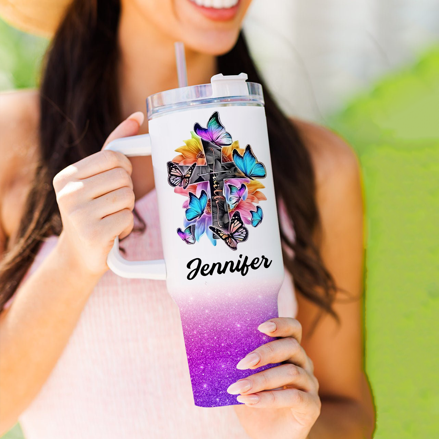 Colorful Butterfly Cross Inspirational Christian 40 Oz Tumbler With Handle - Personalized Stainless Steel Tumbler