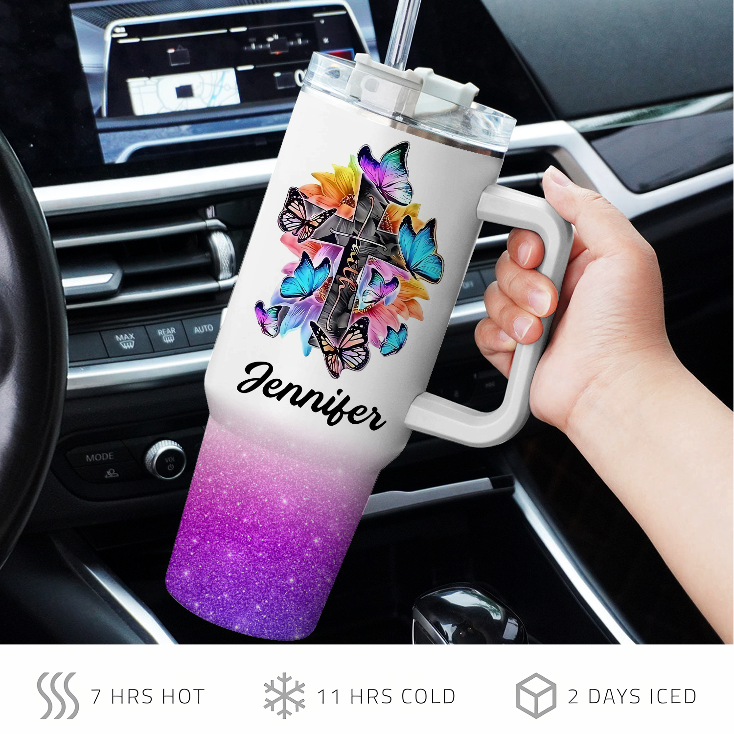 Colorful Butterfly Cross Inspirational Christian 40 Oz Tumbler With Handle - Personalized Stainless Steel Tumbler