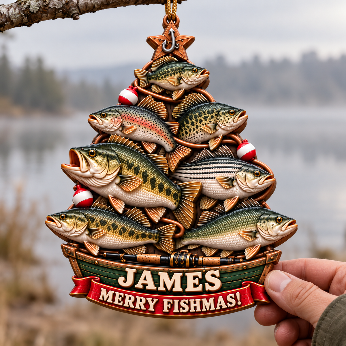 3D Raised Personalized Name Merry Fishmas Bass Fishing Boat Ornament