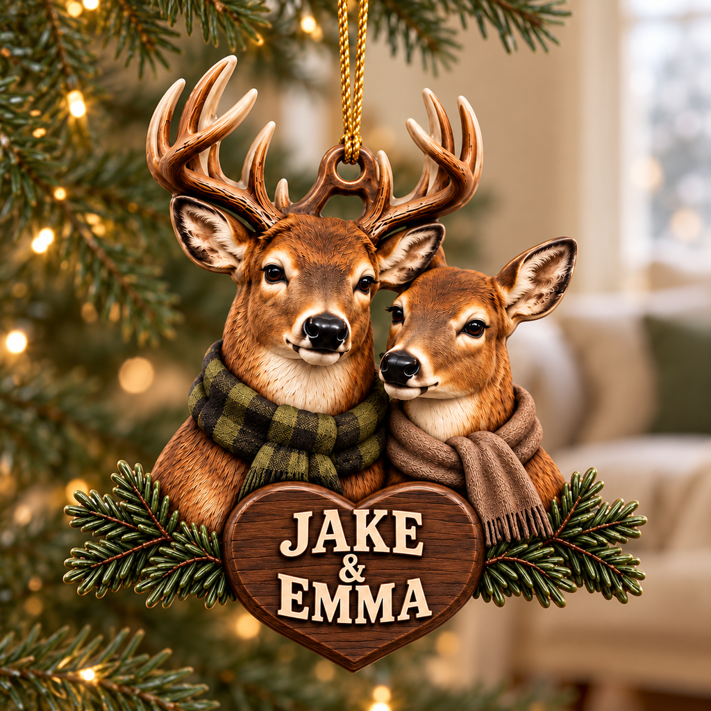 3D Raised Personalized Names Buck & Doe Couple Deer Hunter Ornament - Anniversary Gift