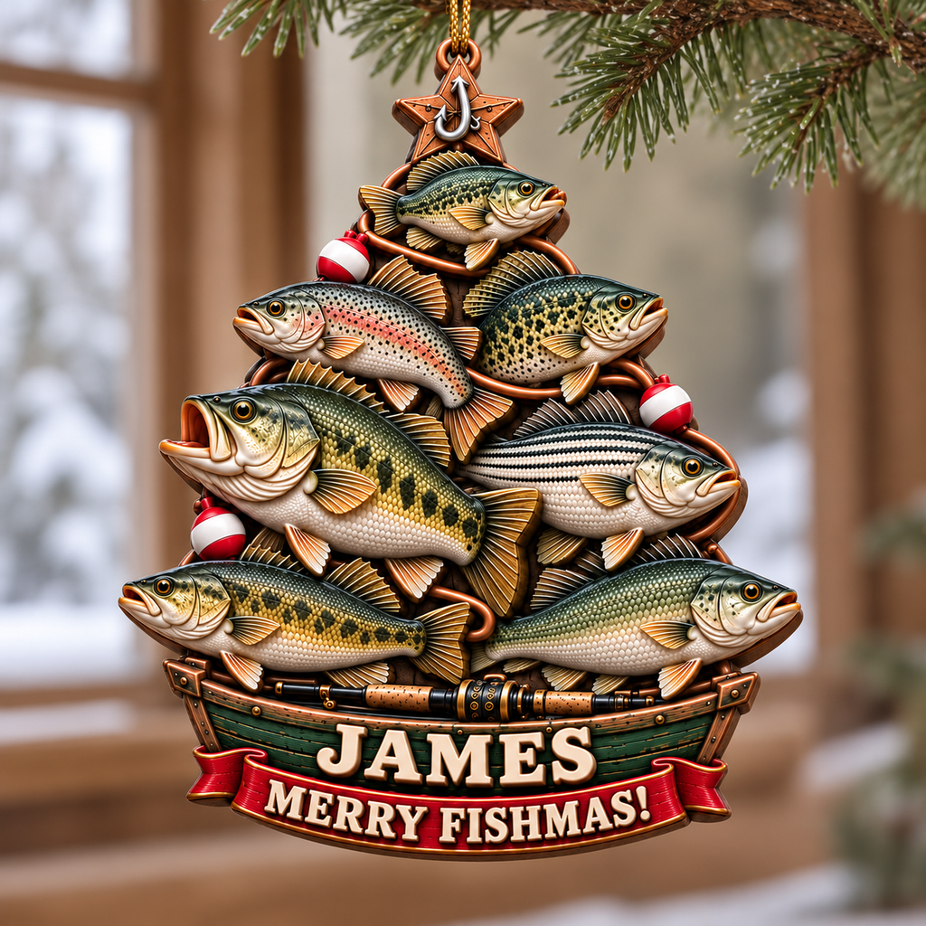 3D Raised Personalized Name Merry Fishmas Bass Fishing Boat Ornament