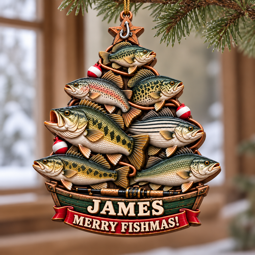 3D Raised Personalized Name Merry Fishmas Bass Fishing Boat Ornament