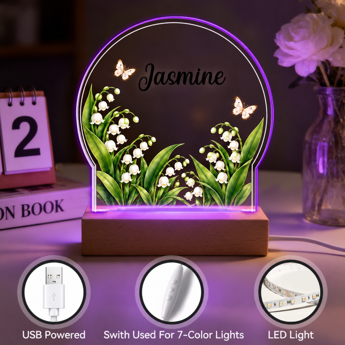 Personalized Name Birth Month Flowers Acrylic Night Light-One Side Print - Ideal Gift for Her