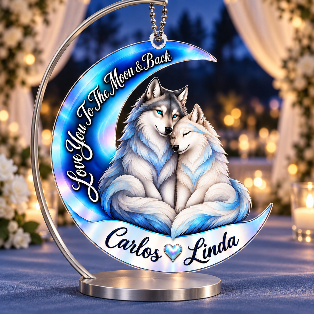 Personalized Names Love You to the Moon & Back Blue Wolf Couple Ornament – Anniversary Keepsake