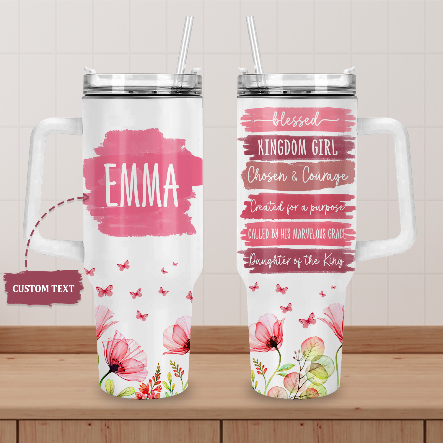 Christian Gifts, Religious Gifts Daughter of the King, Kingdom Girl - 40 Oz Tumbler With Handle - Personalized Stainless Steel Tumbler