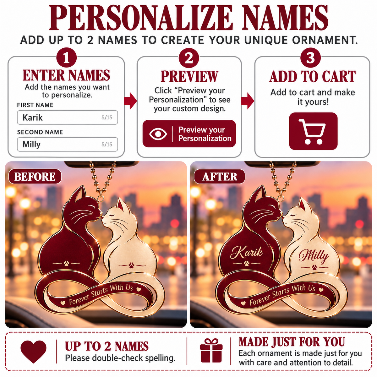 Personalized Names Forever Cat Couple Infinity Ornament – Anniversary Gift for Him & Her