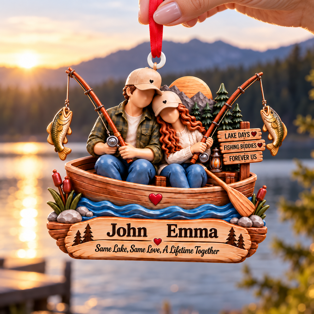 3D Raised Personalized Names Ornament - Fishing Buddies Ornament – Gift for Couples