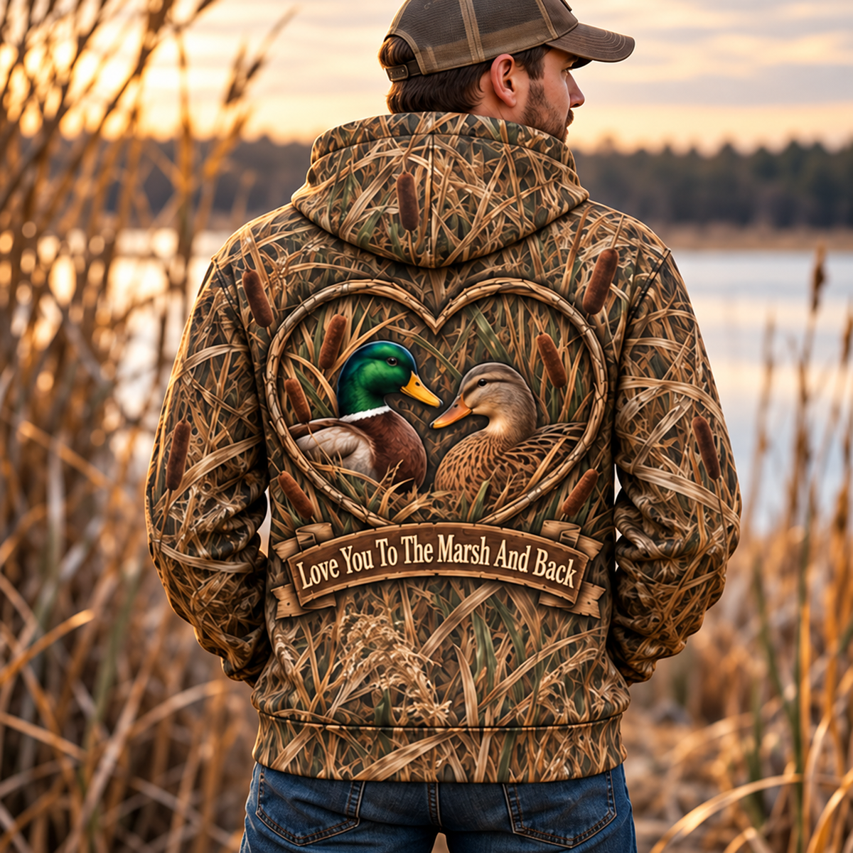 Love You To The Marsh And Back Duck Hunting Hoodie – Mallard Couple Camo 3D Shirt, Gift For Husband