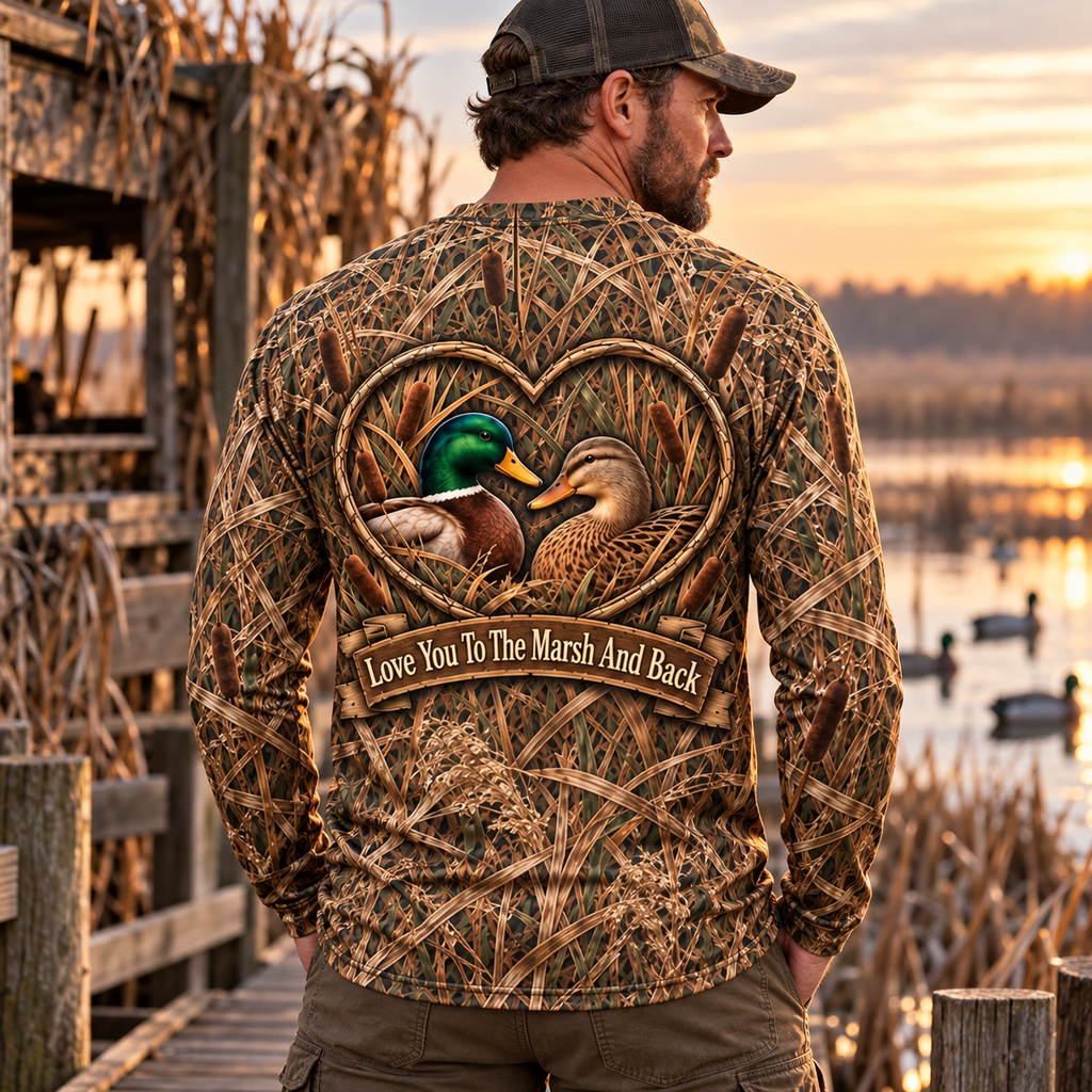 Love You To The Marsh And Back Duck Hunting Hoodie – Mallard Couple Camo 3D Shirt, Gift For Husband