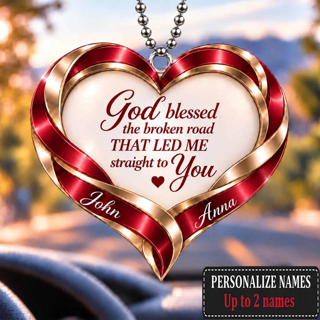 Personalized Romantic Christian Heart Ornament – Custom Names God Blessed Heart Car Ornament - Anniversary Gift for Couples, Gift for Wedding