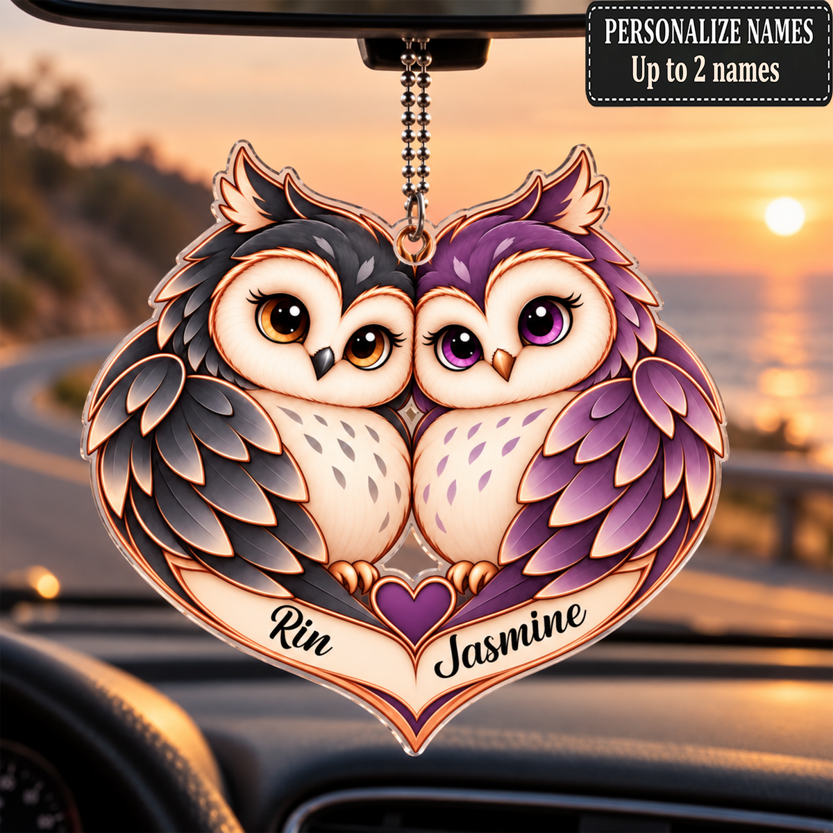Couple Owl Heart Personalized Ornament - Custom Names Romantic Love with Owl Couple Heart Car Ornament - Gift for Couples, Anniversary Gifts for Husband & Wife, for Owl Lovers
