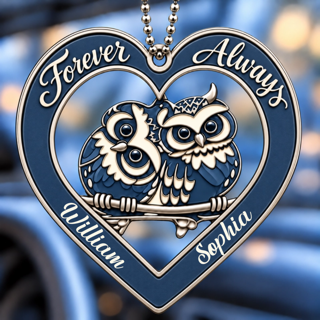 Personalized Names Forever & Always Owl Couple Heart Car Ornament with 8 Versions - Gift for Couples
