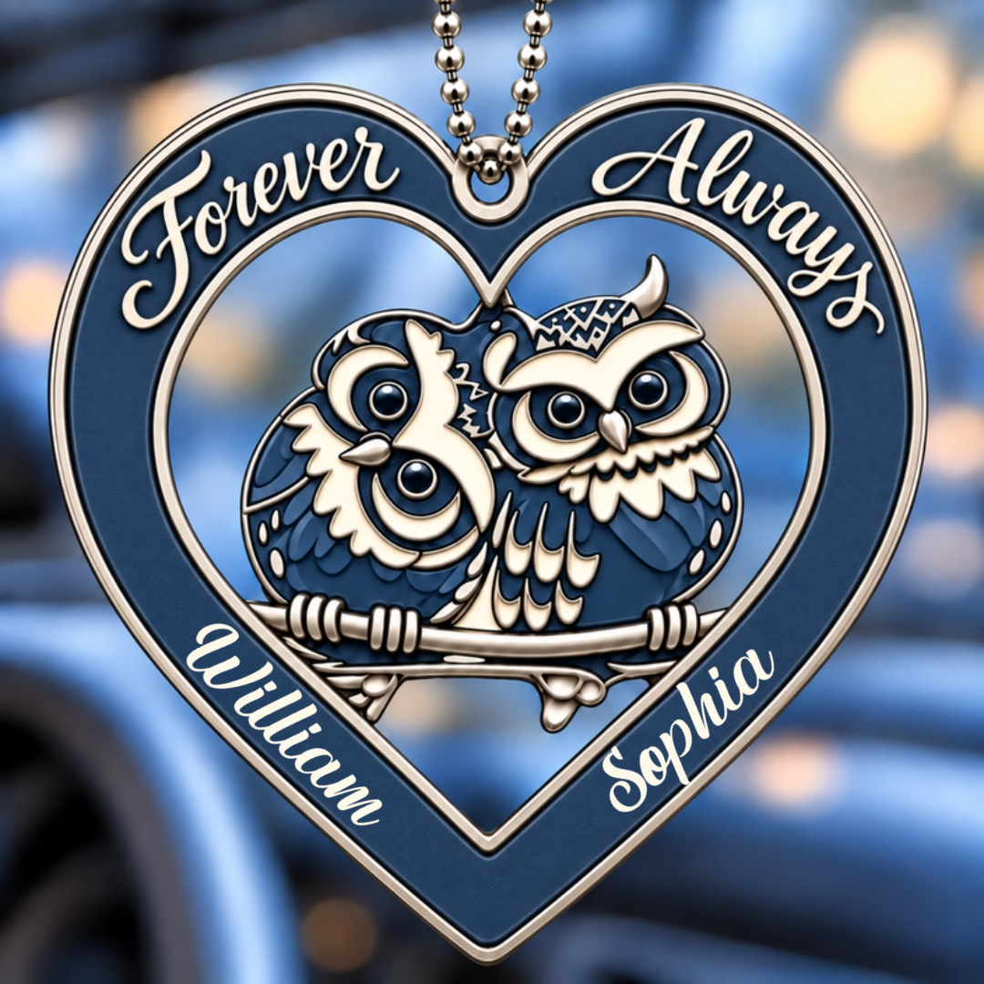 Personalized Names Forever & Always Owl Couple Heart Car Ornament with 8 Versions - Gift for Couples