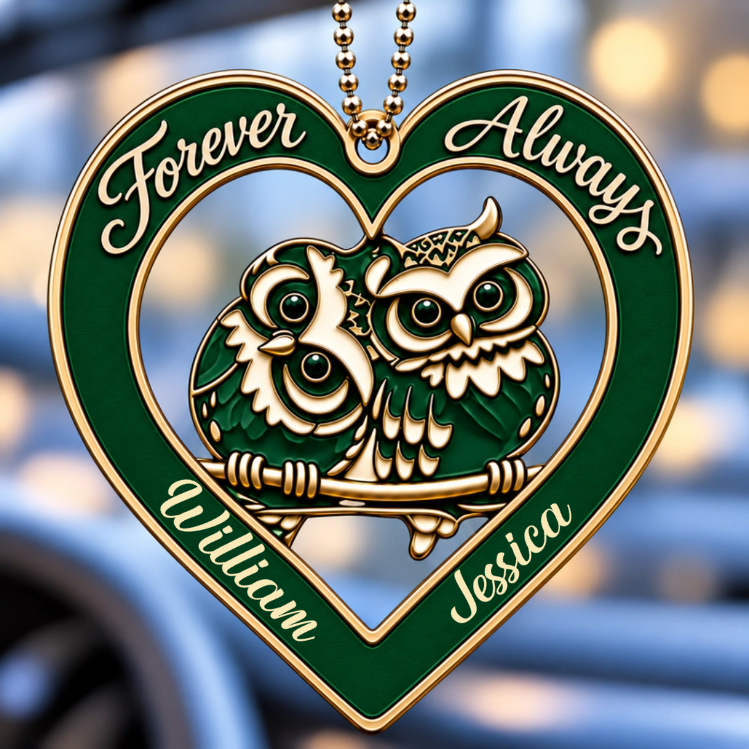 Personalized Names Forever & Always Owl Couple Heart Car Ornament with 8 Versions - Gift for Couples