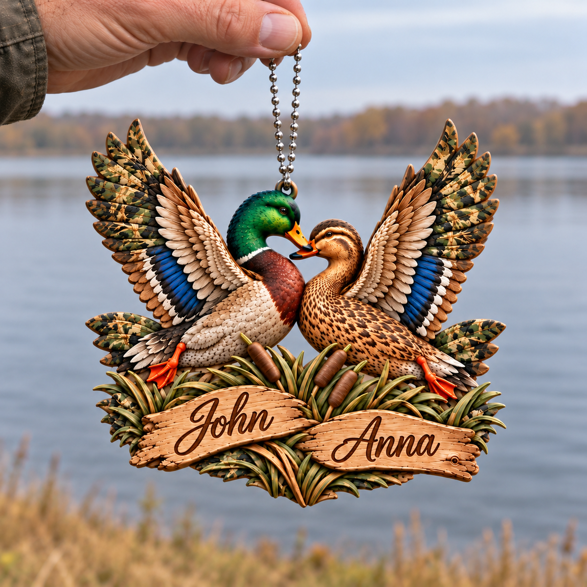 Personalized Names Mallard Duck Flying Couple Ornament - Anniversary Gift