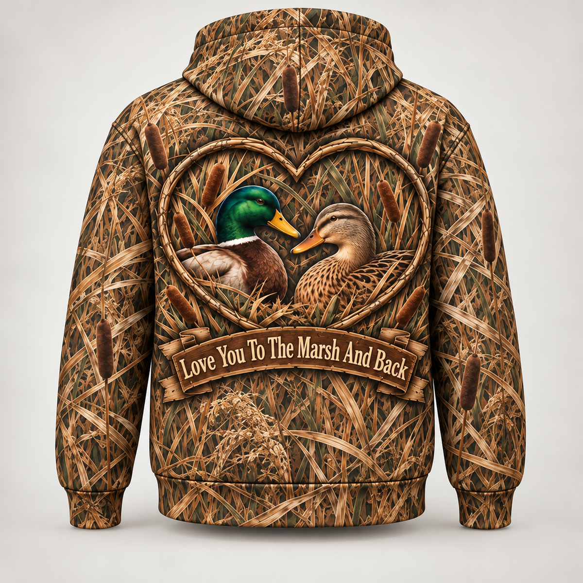 Love You To The Marsh And Back Duck Hunting Hoodie – Mallard Couple Camo 3D Shirt, Gift For Husband