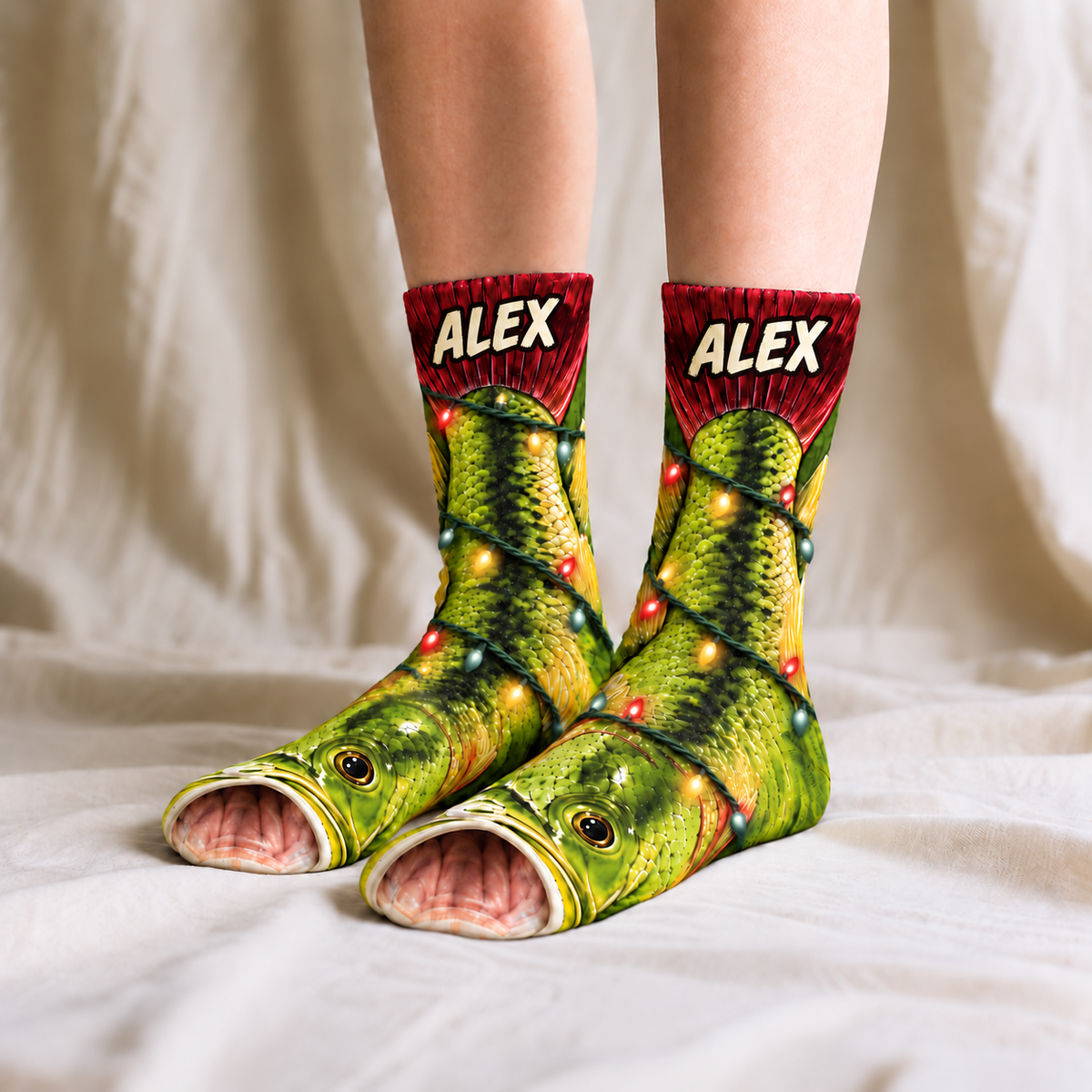 Personalized Funny Xmas Light with Largemouth Trout Fishing Middle Tube Socks for Men & Women - Christmas Gift for Fishing Lovers