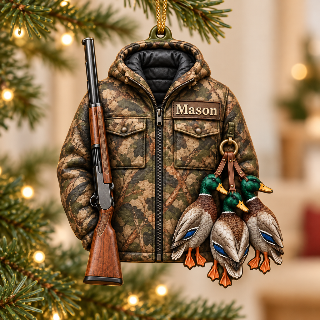 3D Raised Personalized Name Ornament - Mallard Ducks and Camo Jacket Ornament - Gift for Waterfowl Hunting Lovers