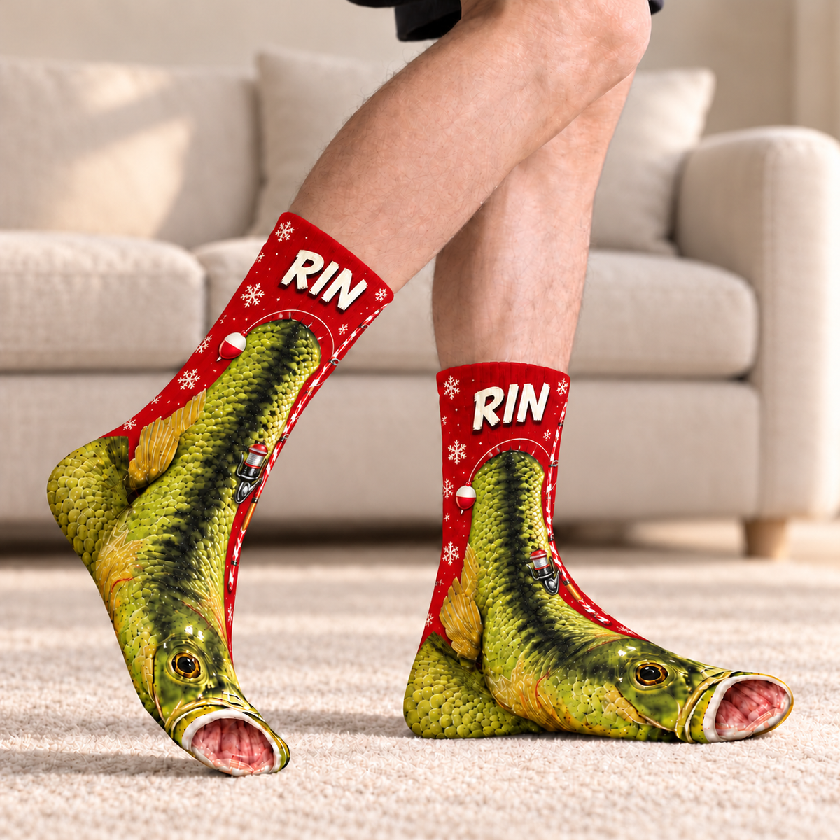 Personalized Largemouth Trout Fishing Reel Middle Tube Socks for Men & Women - Christmas Gift for Fishing Lovers
