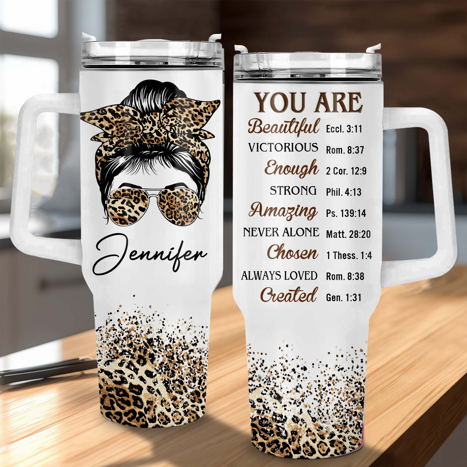 Cheetah Messy Bun You Are 40 Oz Tumbler With Handle - Personalized Stainless Steel Tumbler