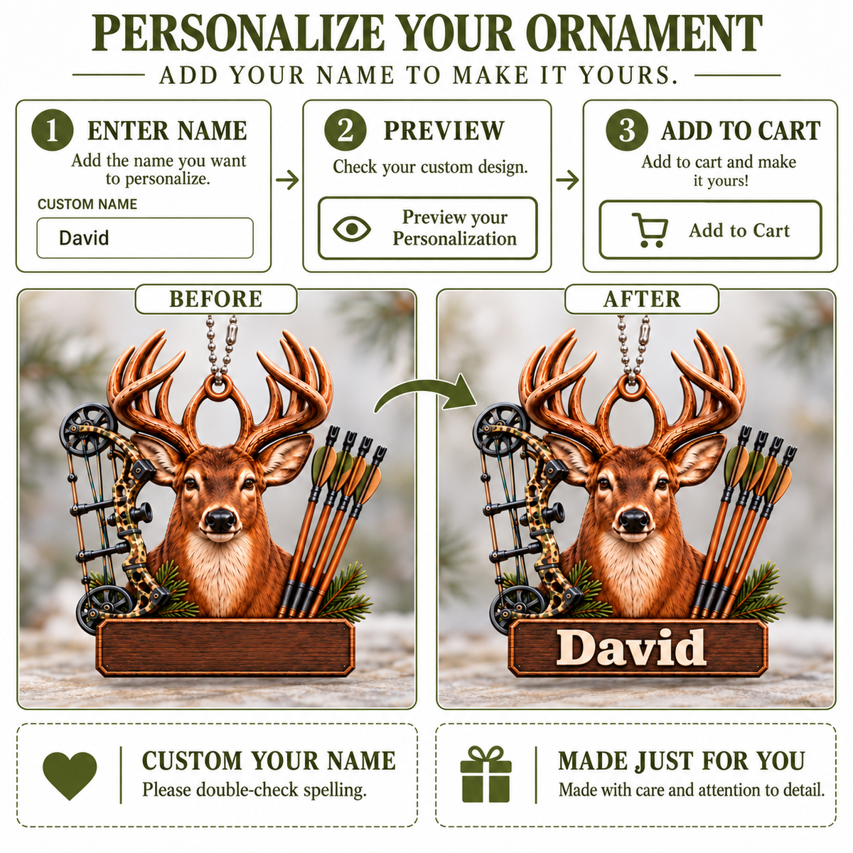 3D Raised Personalized Deer Hunter Ornament, Custom Name Christmas Gift for Him & Her