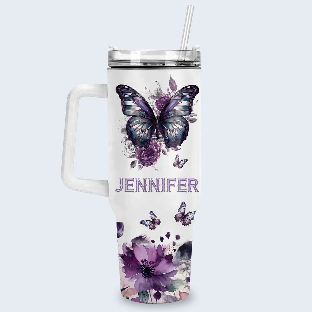 Purple butterfly Pray on it - 40 Oz Tumbler With Handle - Personalized Stainless Steel Tumbler