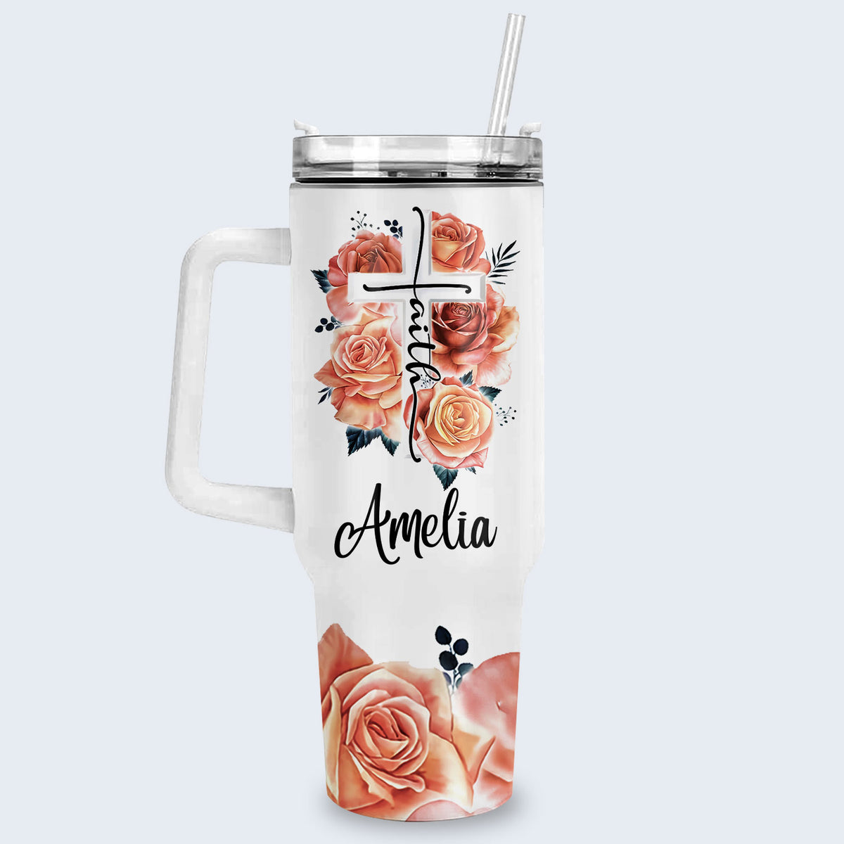 Rose Cross You Are - 40 Oz Tumbler With Handle - Personalized Stainless Steel Tumbler