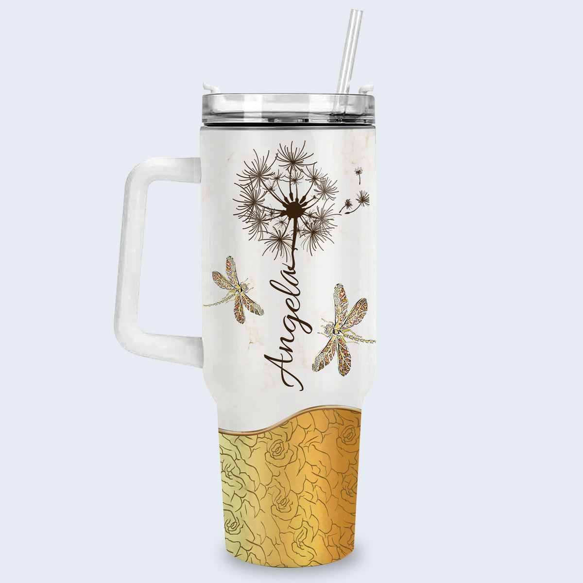Dandelion Dragonfly Way maker - 40 Oz Tumbler With Handle - Personalized Stainless Steel Tumbler