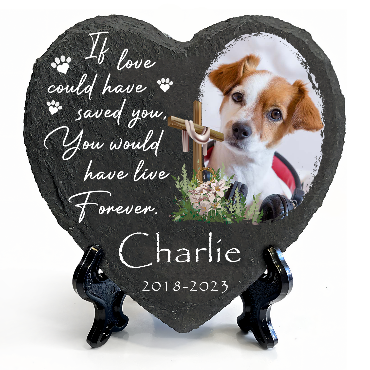 Dog Photo Christ Corss Flower Custom Dog Memorial Stone, Pet Memorial Gifts - Personalized Custom Memorial Tomstone