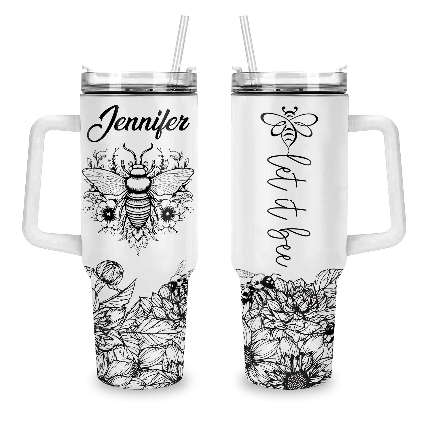 Black and White Let it bee - 40 Oz Tumbler With Handle - Personalized Stainless Steel Tumbler