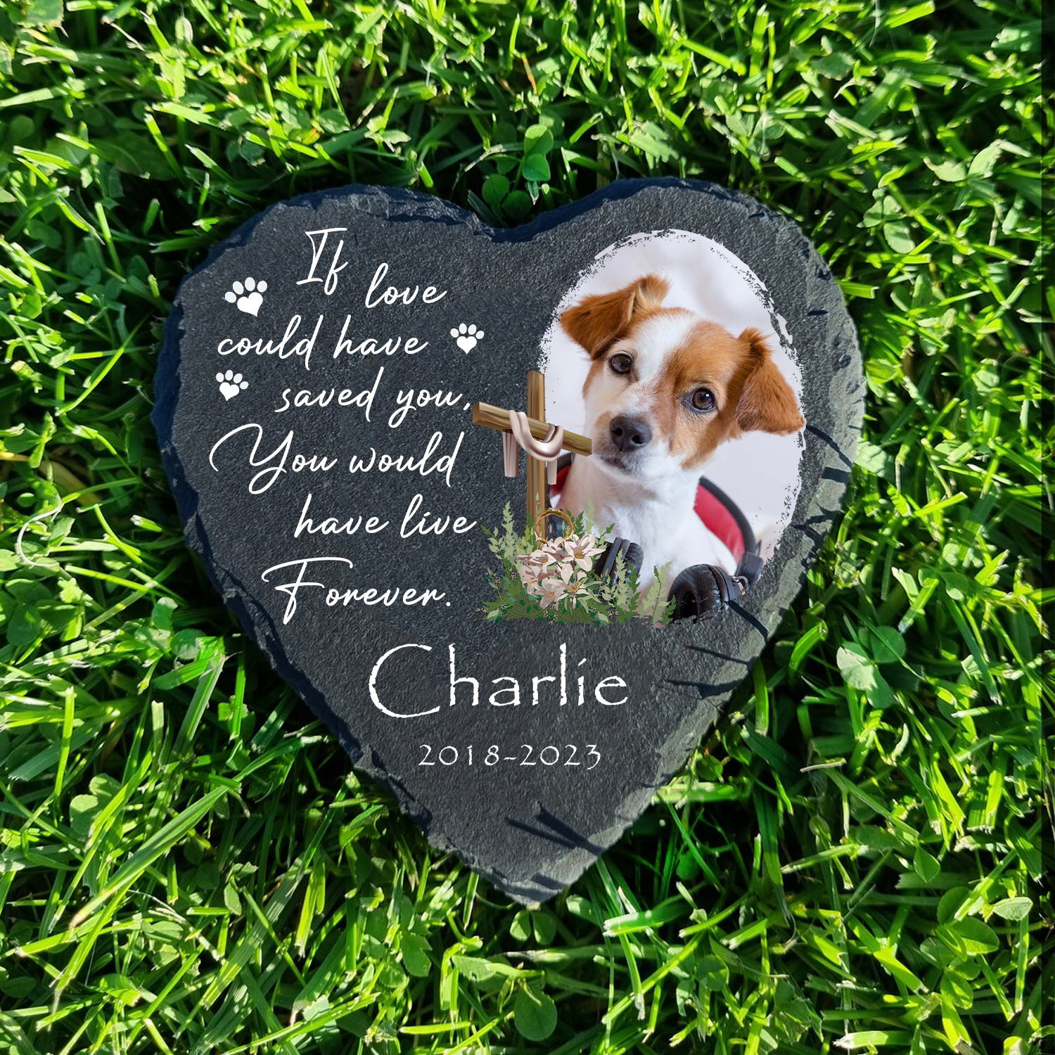Dog Photo Christ Corss Flower Custom Dog Memorial Stone, Pet Memorial Gifts - Personalized Custom Memorial Tomstone