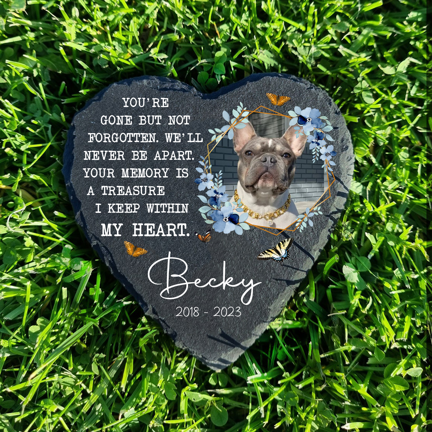 Blue Floral Butterfly Dog Photo You Are Gone But Not Forgotten Custom Dog Memorial Stone, Pet Memorial Gifts - Personalized Custom Memorial Tombstone