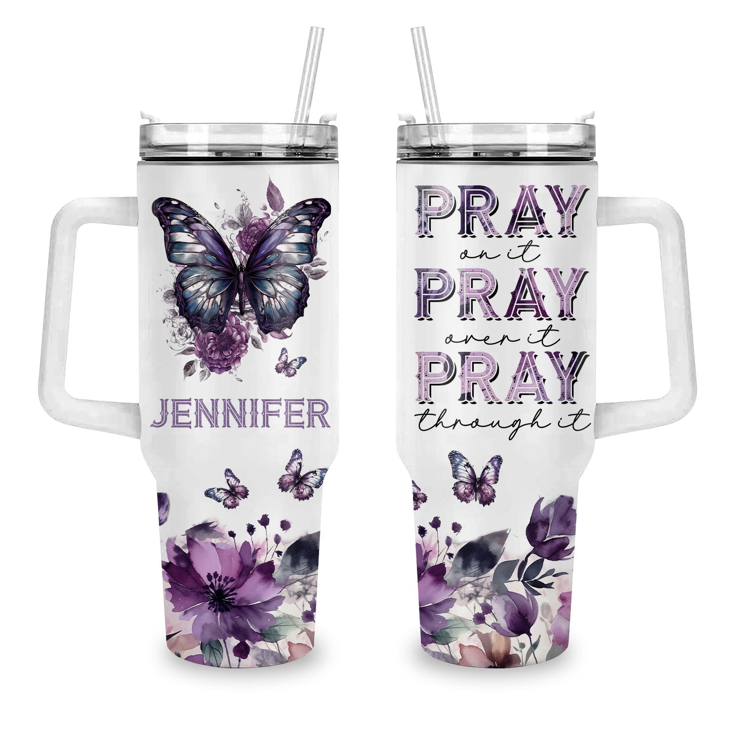 Purple butterfly Pray on it - 40 Oz Tumbler With Handle - Personalized Stainless Steel Tumbler