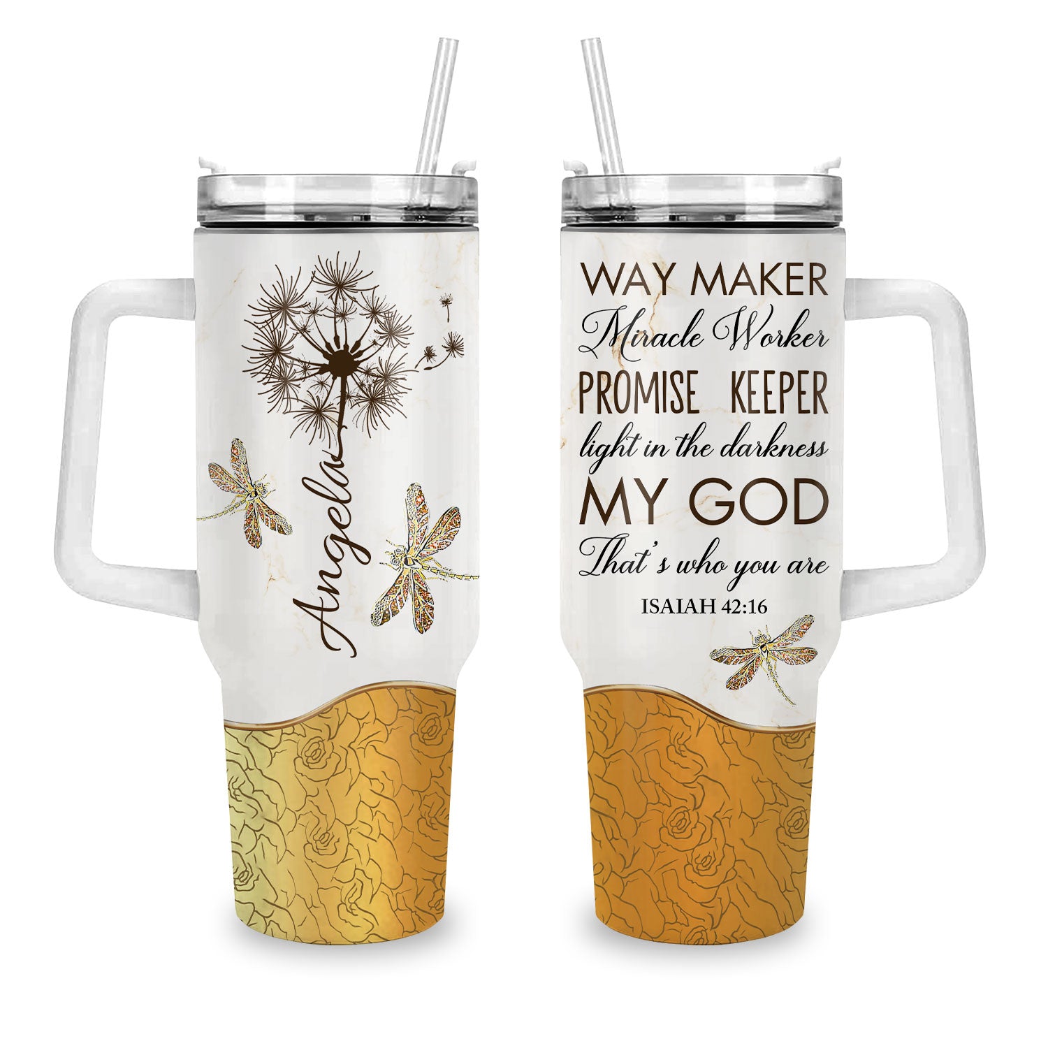 Dandelion Dragonfly Way maker - 40 Oz Tumbler With Handle - Personalized Stainless Steel Tumbler