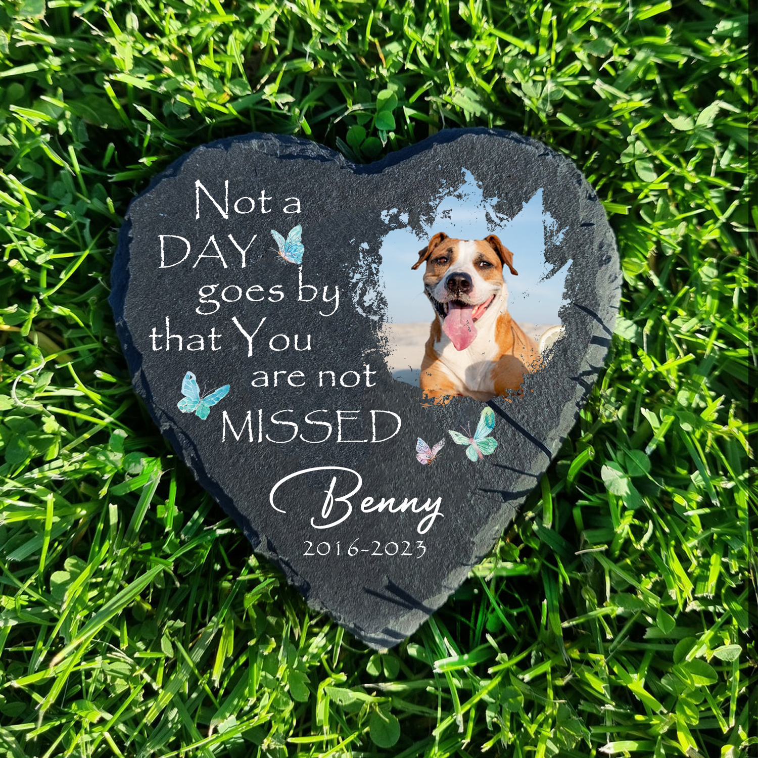Dog Photo Blue Butterly Butterfly Custom Dog Memorial Stone, Pet Memorial Gifts - Personalized Custom Memorial Tomstone